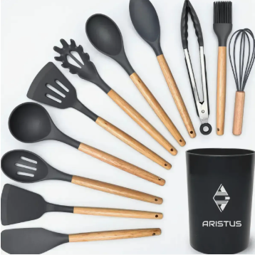 Kit 12 Utensílios De Silicone Com Cabo De Madeira