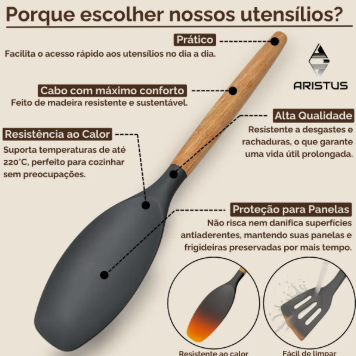 Kit 12 Utensílios De Silicone Com Cabo De Madeira