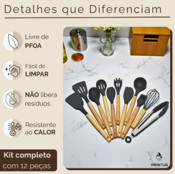 Kit 12 Utensílios De Silicone Com Cabo De Madeira